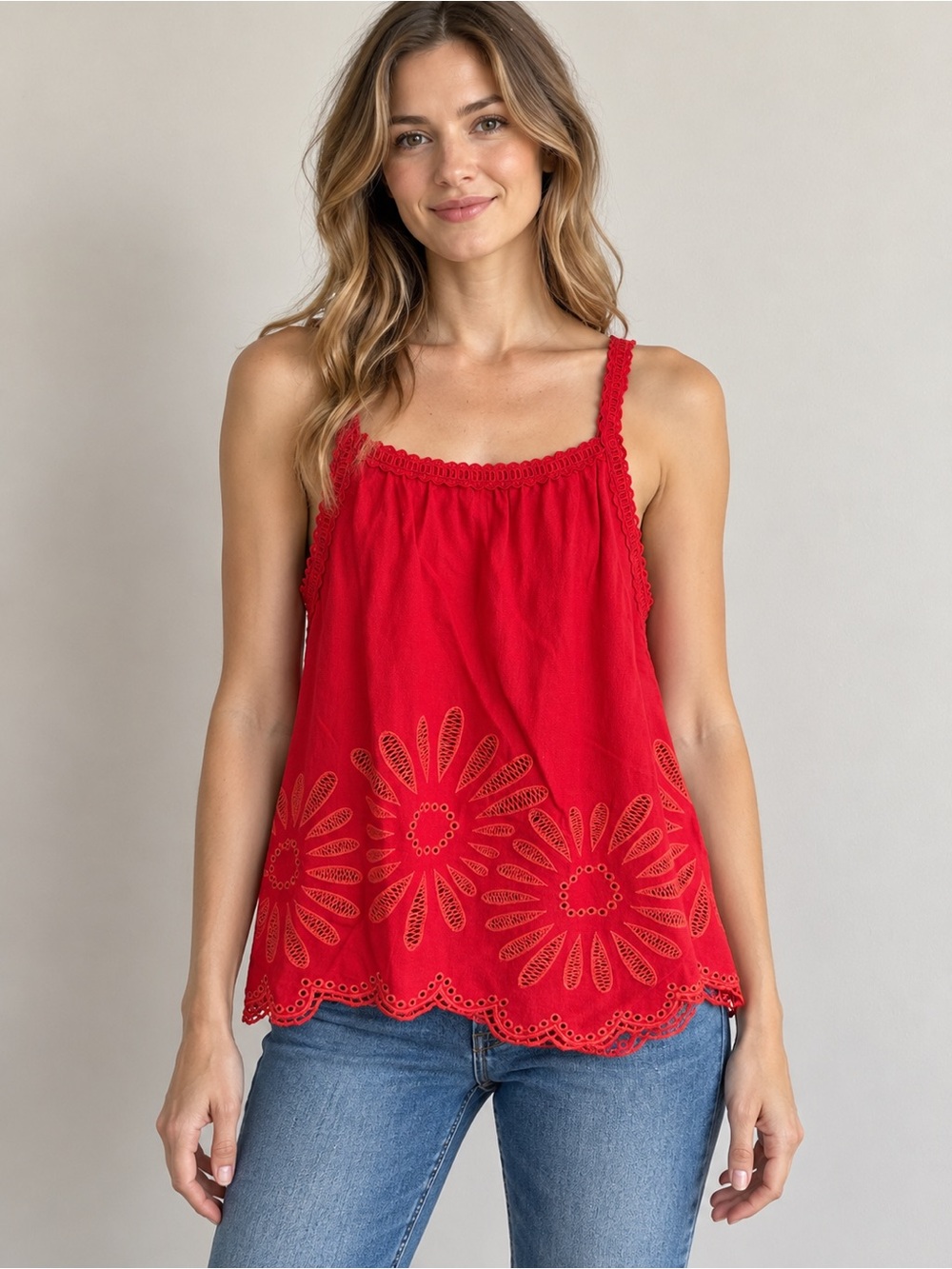 Joie Red Floral Eyelet Scalloped Hem Tank Top Size Large